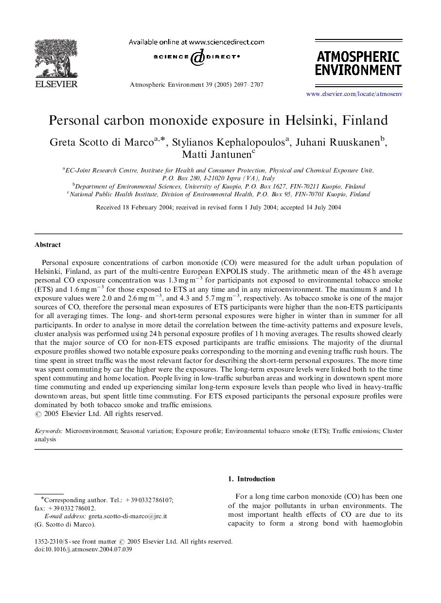 Personal carbon monoxide exposure in Helsinki, Finland