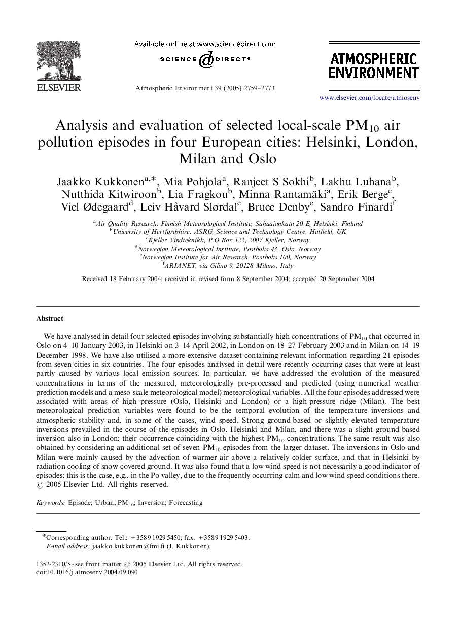 Analysis and evaluation of selected local-scale PM10 air pollution episodes in four European cities: Helsinki, London, Milan and Oslo