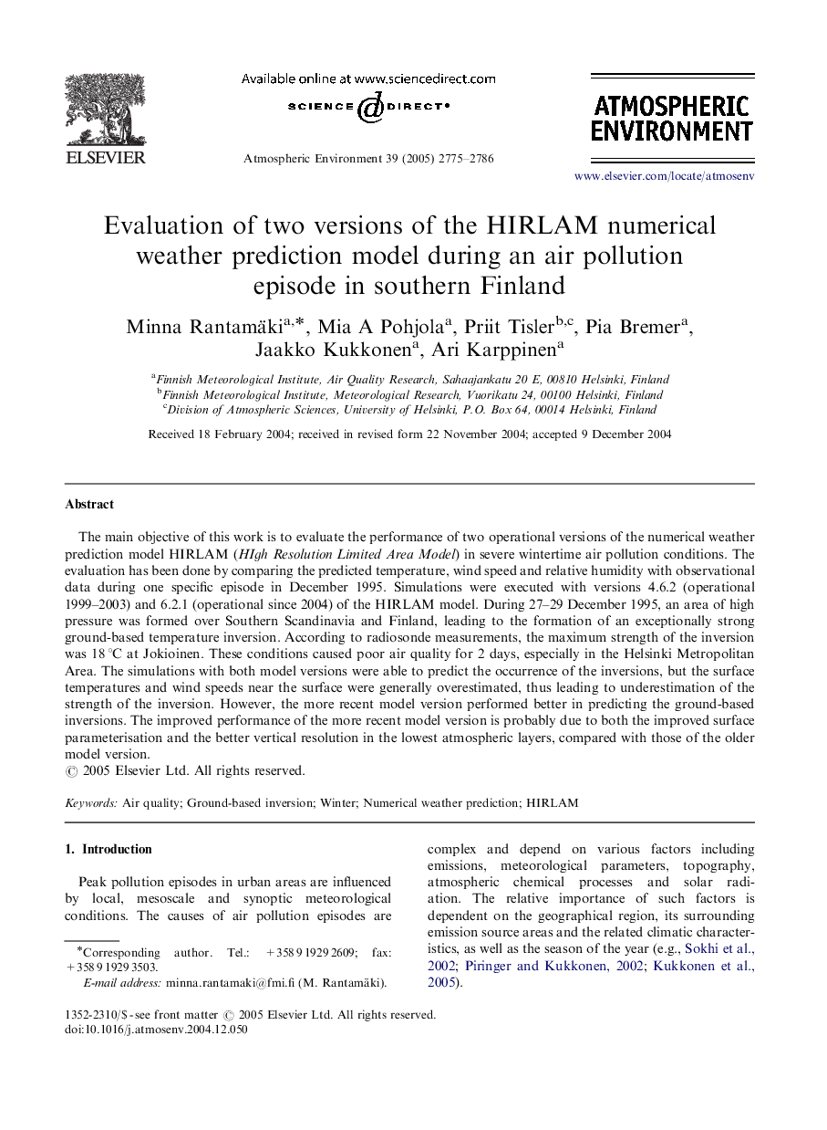 Evaluation of two versions of the HIRLAM numerical weather prediction model during an air pollution episode in southern Finland