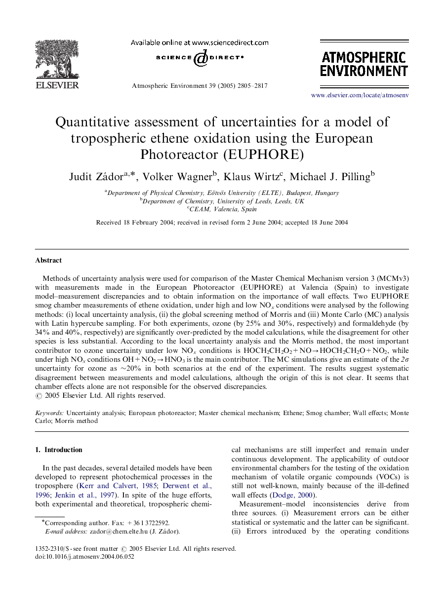 Quantitative assessment of uncertainties for a model of tropospheric ethene oxidation using the European Photoreactor (EUPHORE)