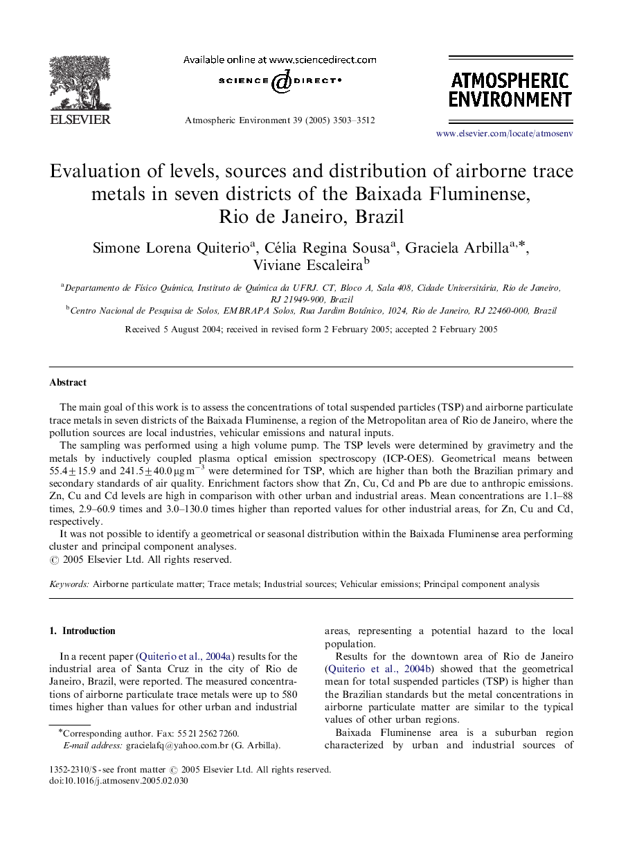 Evaluation of levels, sources and distribution of airborne trace metals in seven districts of the Baixada Fluminense, Rio de Janeiro, Brazil