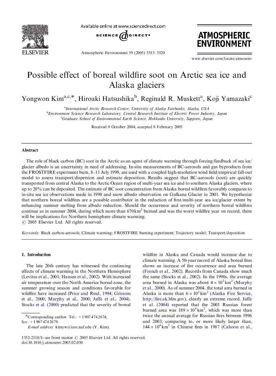 Possible effect of boreal wildfire soot on Arctic sea ice and Alaska glaciers