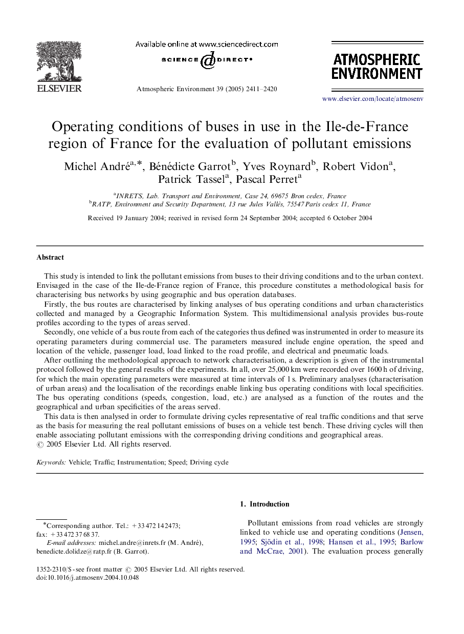 Operating conditions of buses in use in the Ile-de-France region of France for the evaluation of pollutant emissions