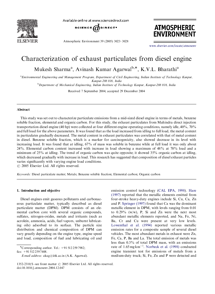 Characterization of exhaust particulates from diesel engine