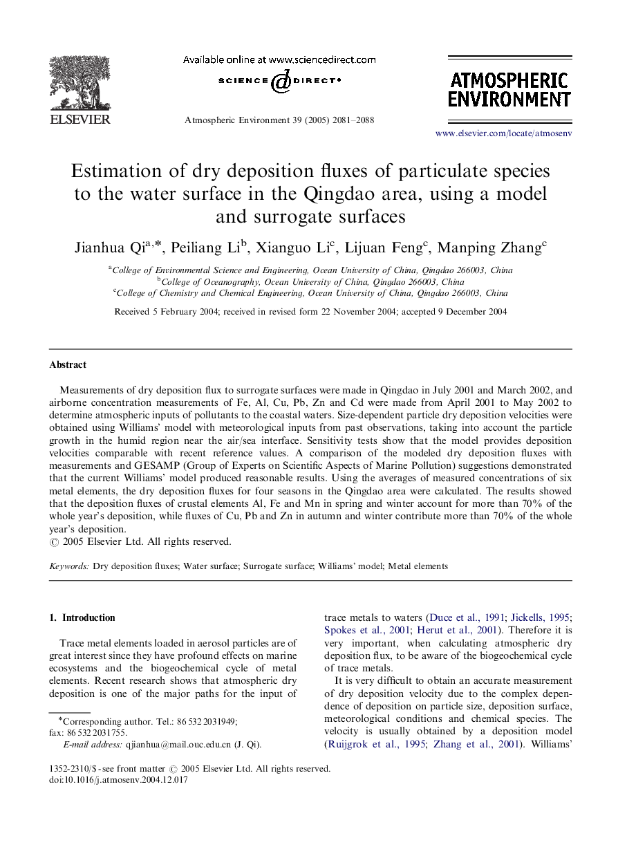 Estimation of dry deposition fluxes of particulate species to the water surface in the Qingdao area, using a model and surrogate surfaces