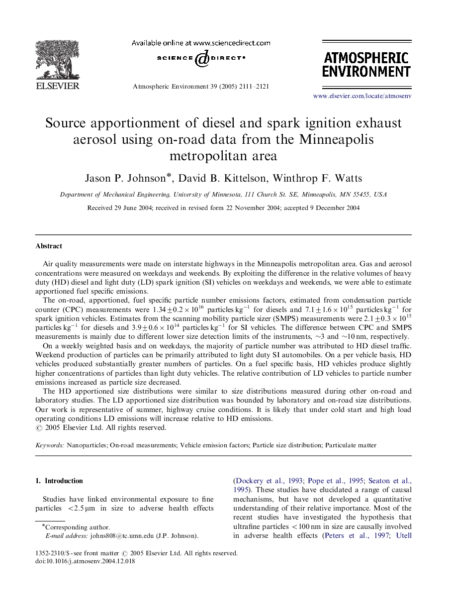 Source apportionment of diesel and spark ignition exhaust aerosol using on-road data from the Minneapolis metropolitan area