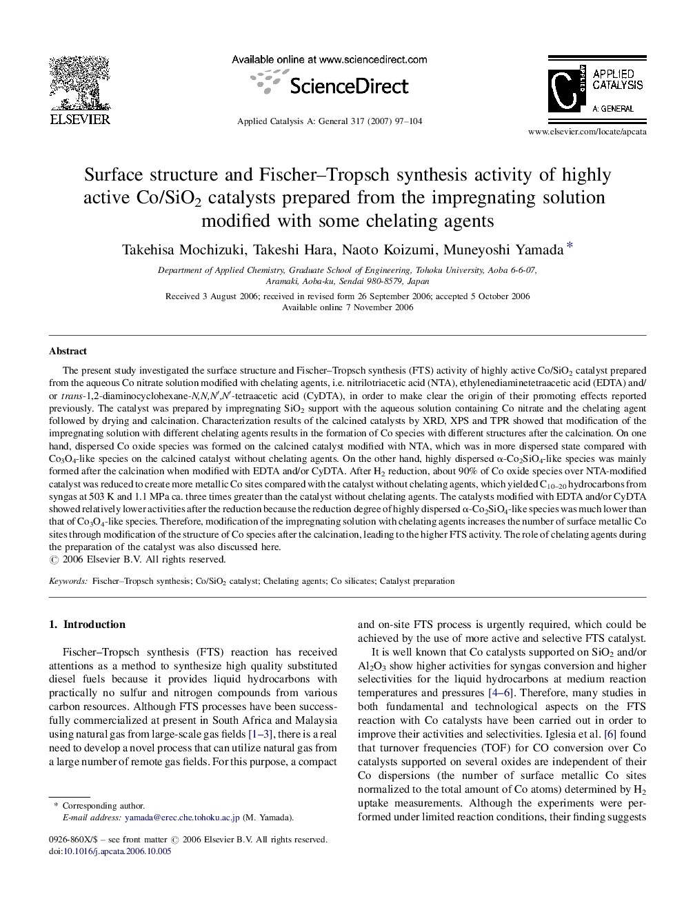 Surface structure and Fischer–Tropsch synthesis activity of highly active Co/SiO2 catalysts prepared from the impregnating solution modified with some chelating agents