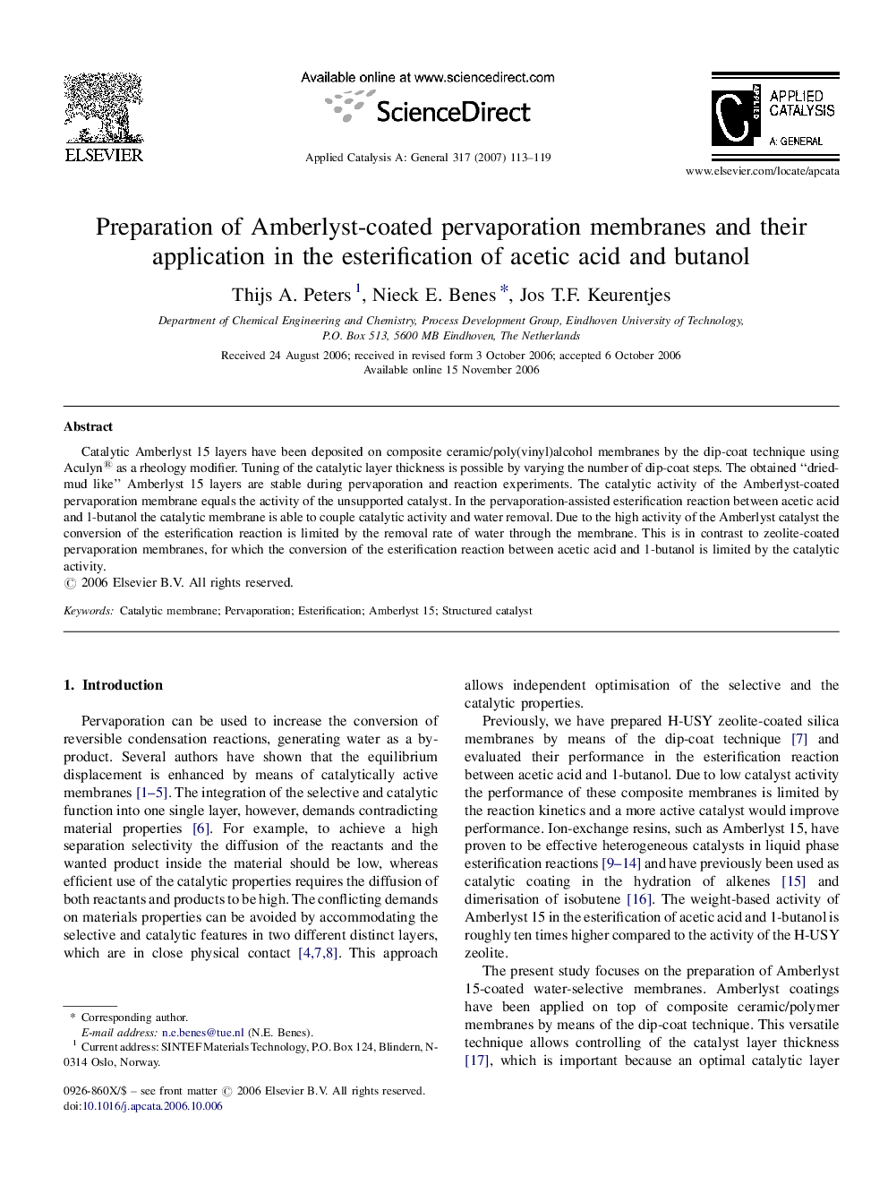 Preparation of Amberlyst-coated pervaporation membranes and their application in the esterification of acetic acid and butanol