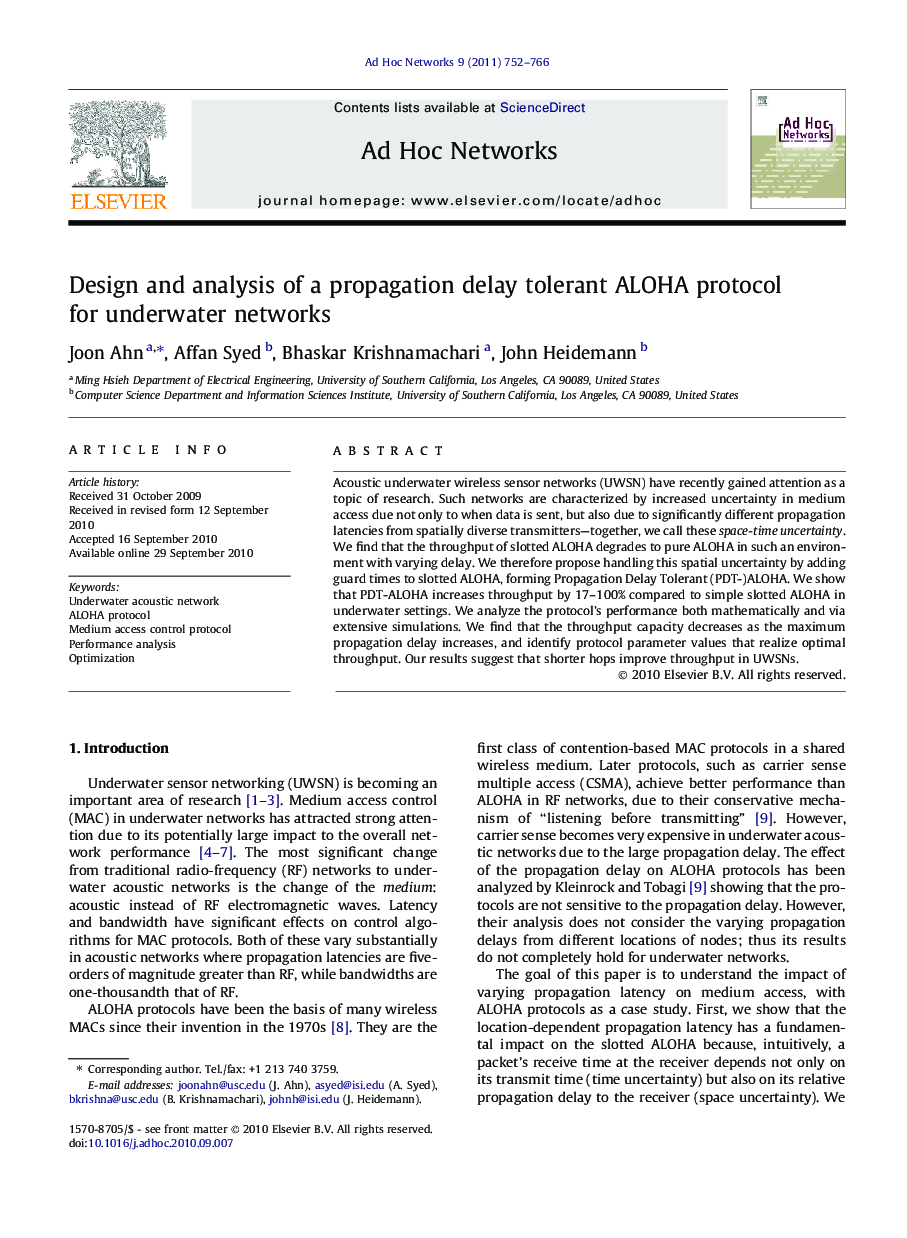 Design and analysis of a propagation delay tolerant ALOHA protocol for underwater networks