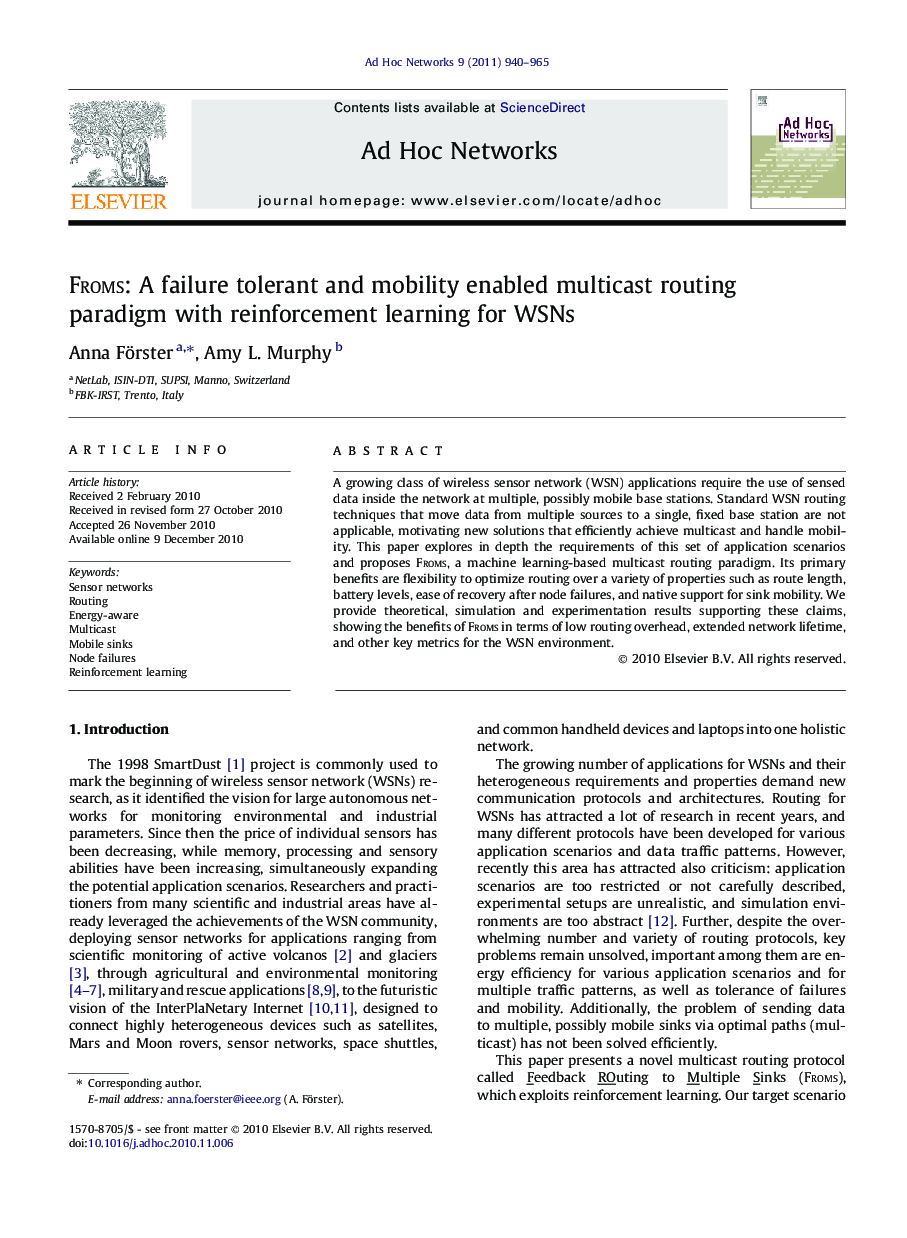 Froms: A failure tolerant and mobility enabled multicast routing paradigm with reinforcement learning for WSNs