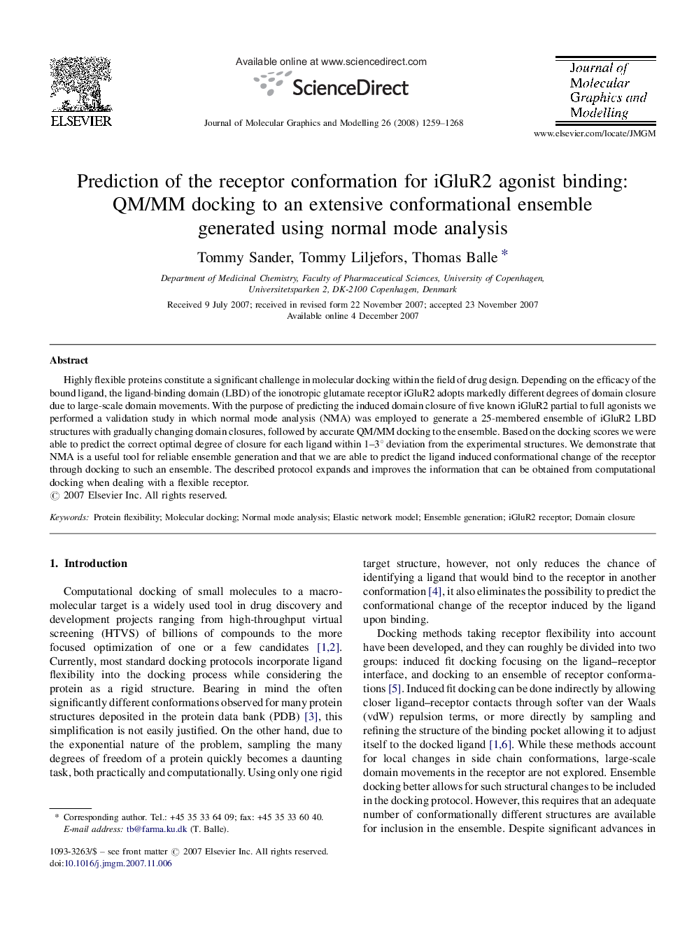 Prediction of the receptor conformation for iGluR2 agonist binding: QM/MM docking to an extensive conformational ensemble generated using normal mode analysis