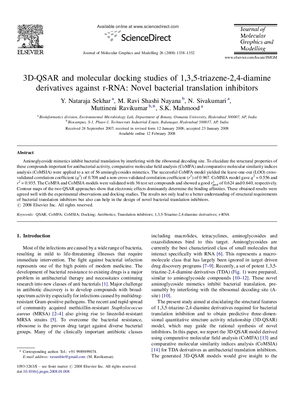 3D-QSAR and molecular docking studies of 1,3,5-triazene-2,4-diamine derivatives against r-RNA: Novel bacterial translation inhibitors