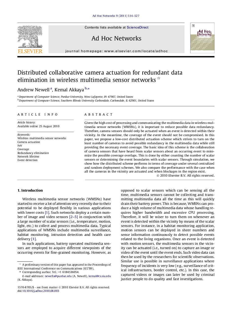 Distributed collaborative camera actuation for redundant data elimination in wireless multimedia sensor networks 