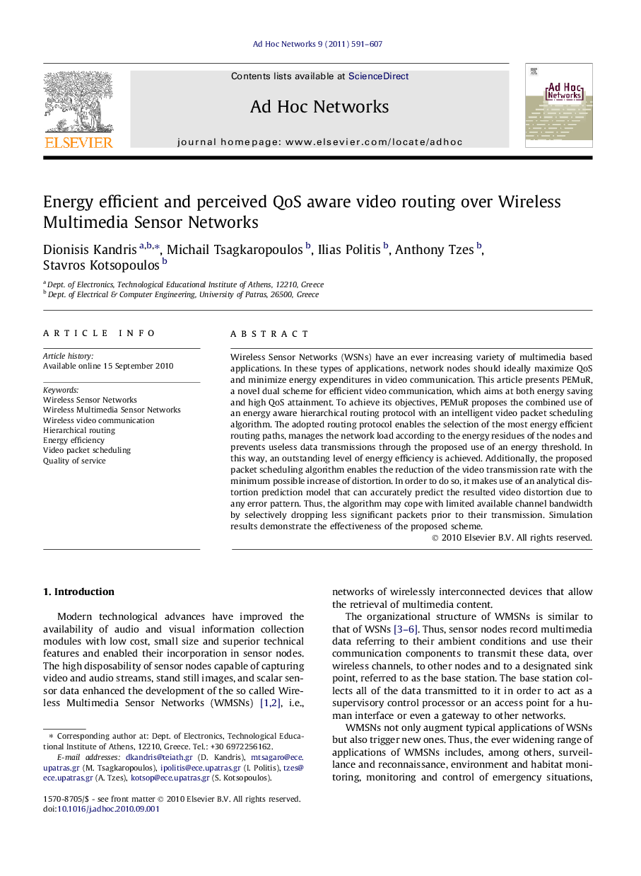 Energy efficient and perceived QoS aware video routing over Wireless Multimedia Sensor Networks