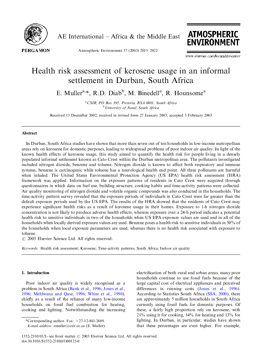 Health risk assessment of kerosene usage in an informal settlement in Durban, South Africa