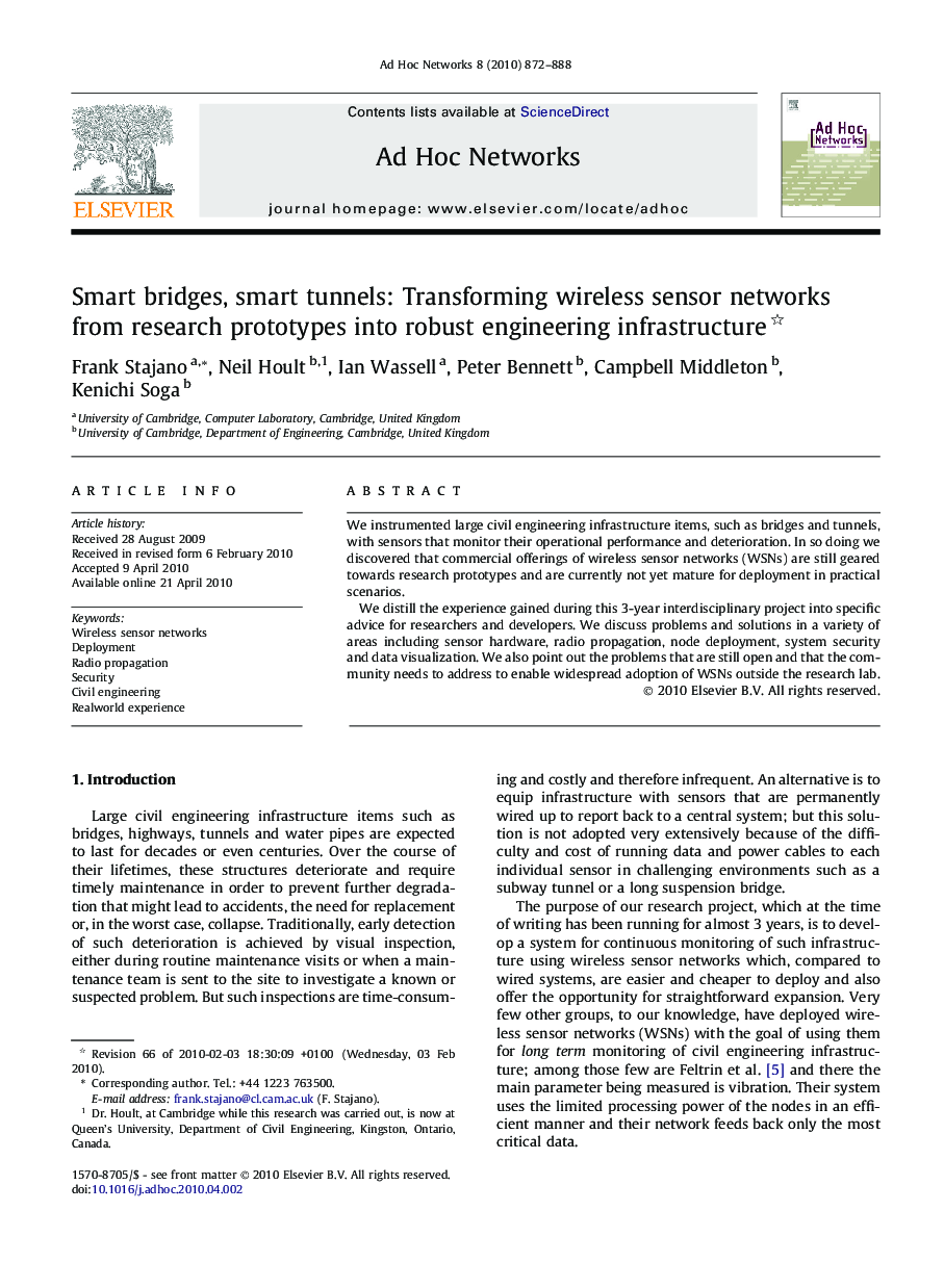 Smart bridges, smart tunnels: Transforming wireless sensor networks from research prototypes into robust engineering infrastructure 