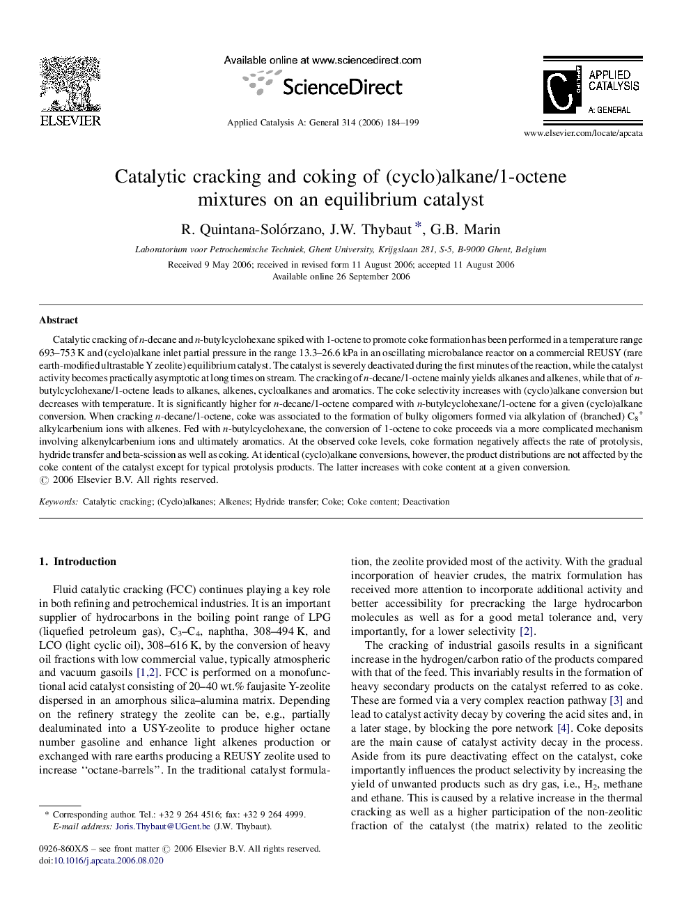 Catalytic cracking and coking of (cyclo)alkane/1-octene mixtures on an equilibrium catalyst