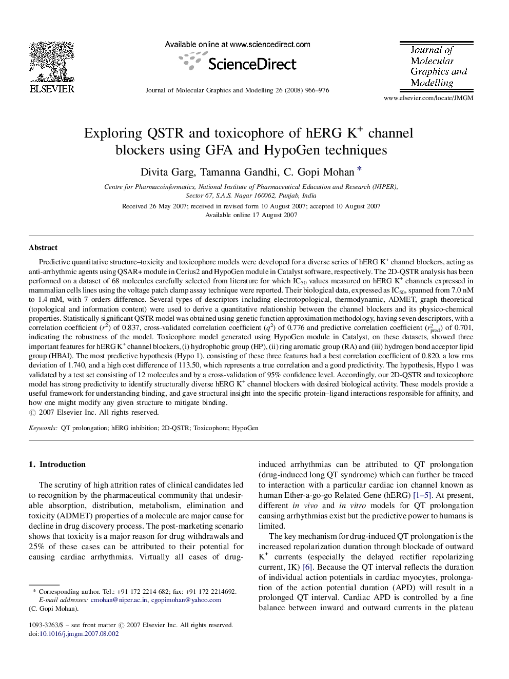 Exploring QSTR and toxicophore of hERG K+ channel blockers using GFA and HypoGen techniques