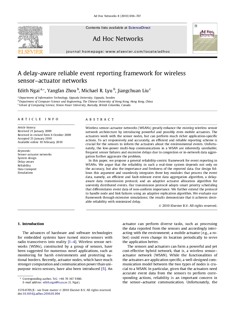 A delay-aware reliable event reporting framework for wireless sensor–actuator networks