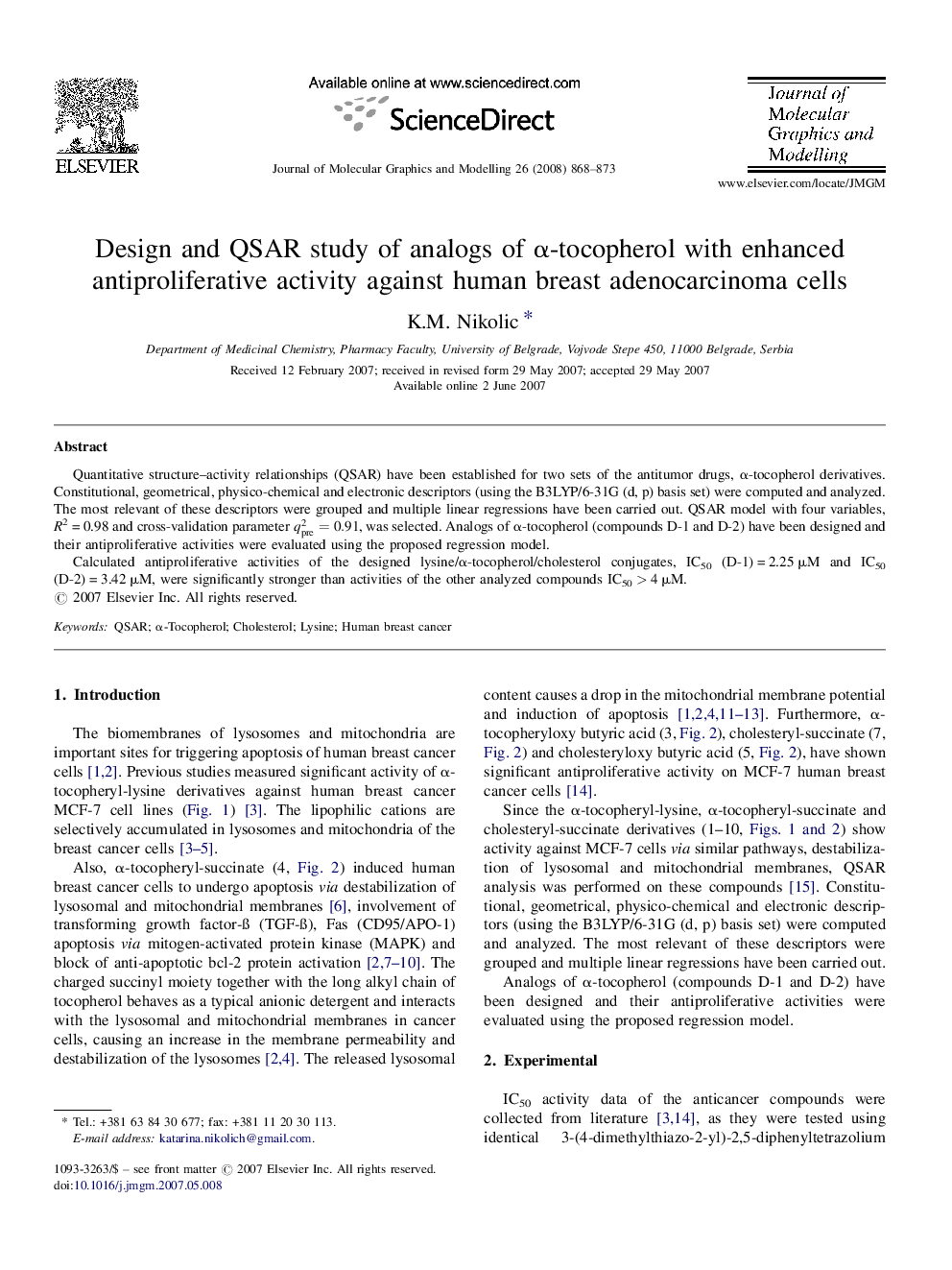 Design and QSAR study of analogs of α-tocopherol with enhanced antiproliferative activity against human breast adenocarcinoma cells