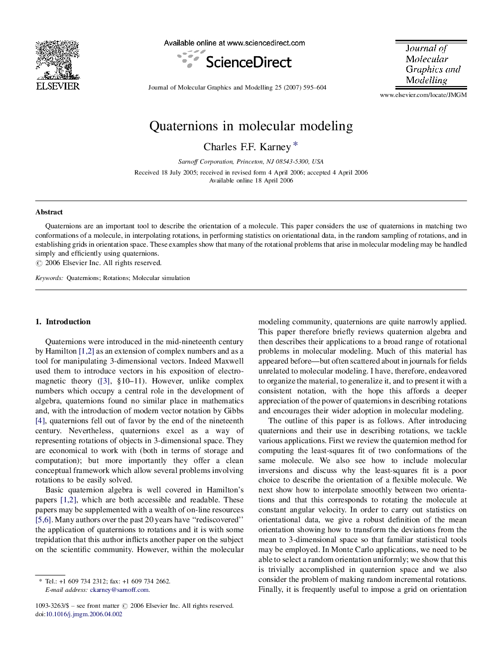 Quaternions in molecular modeling