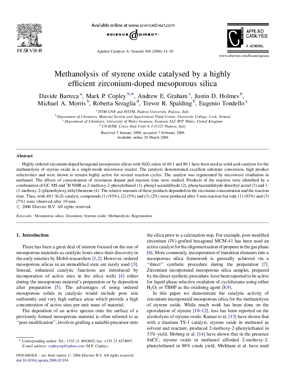 Methanolysis of styrene oxide catalysed by a highly efficient zirconium-doped mesoporous silica