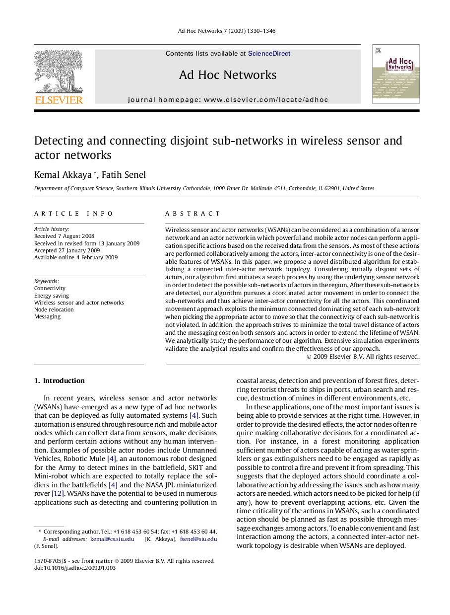 Detecting and connecting disjoint sub-networks in wireless sensor and actor networks