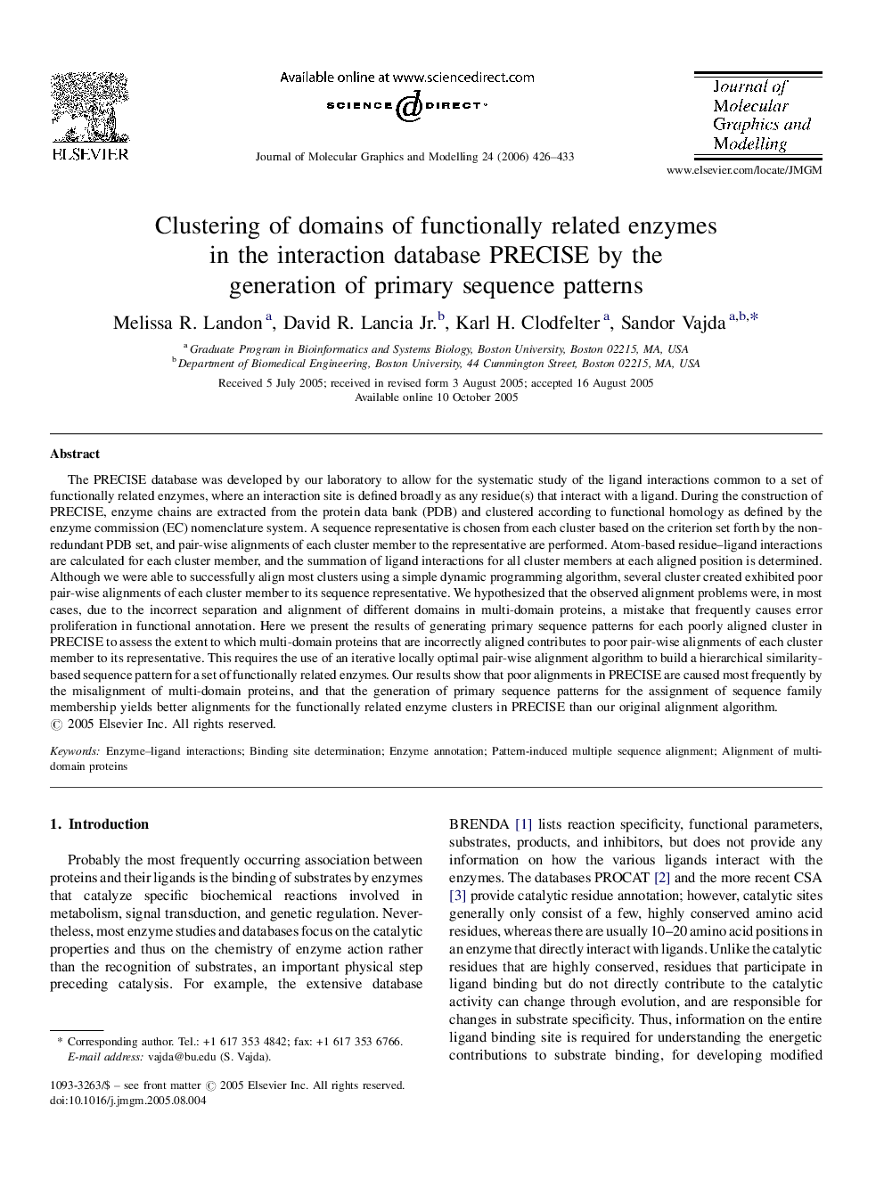 Clustering of domains of functionally related enzymes in the interaction database PRECISE by the generation of primary sequence patterns