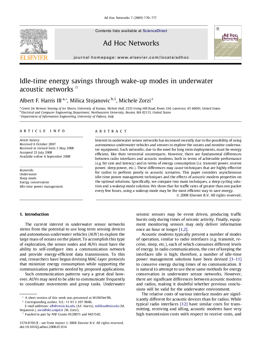 Idle-time energy savings through wake-up modes in underwater acoustic networks 