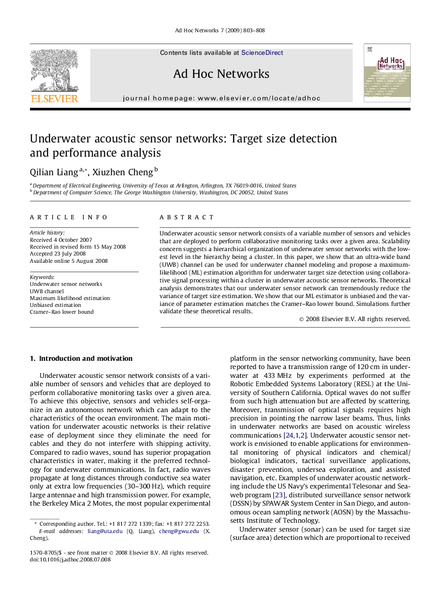 Underwater acoustic sensor networks: Target size detection and performance analysis