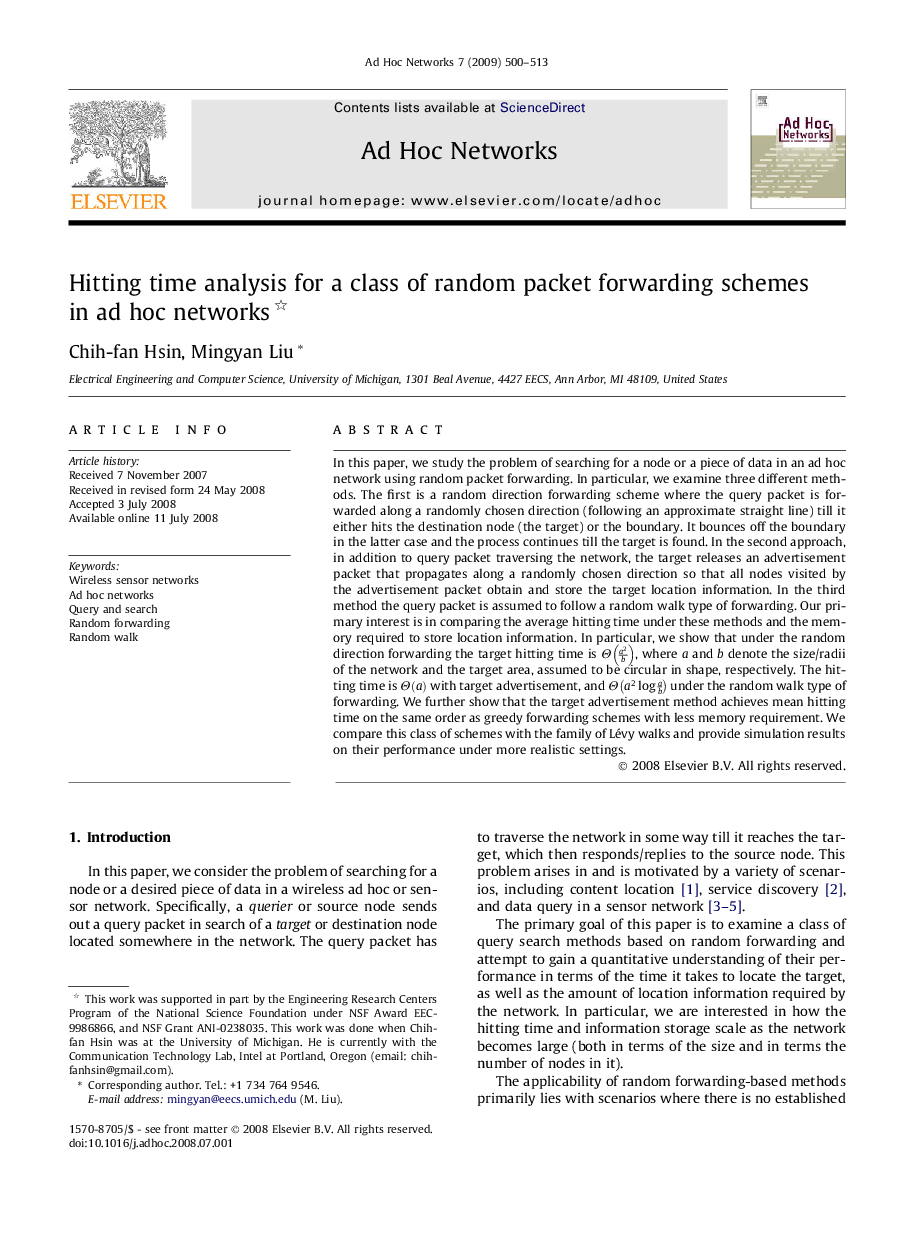Hitting time analysis for a class of random packet forwarding schemes in ad hoc networks 