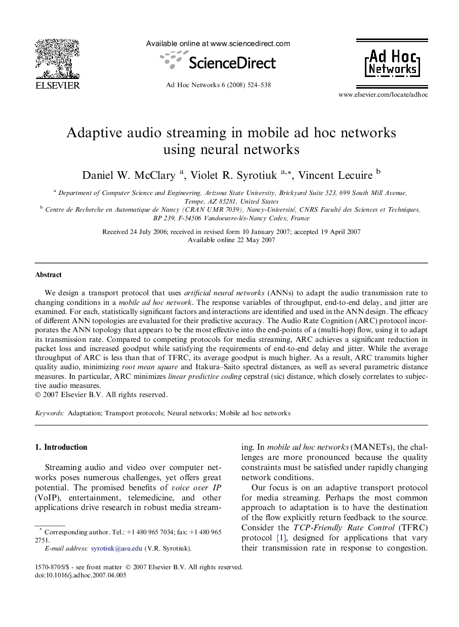 Adaptive audio streaming in mobile ad hoc networks using neural networks