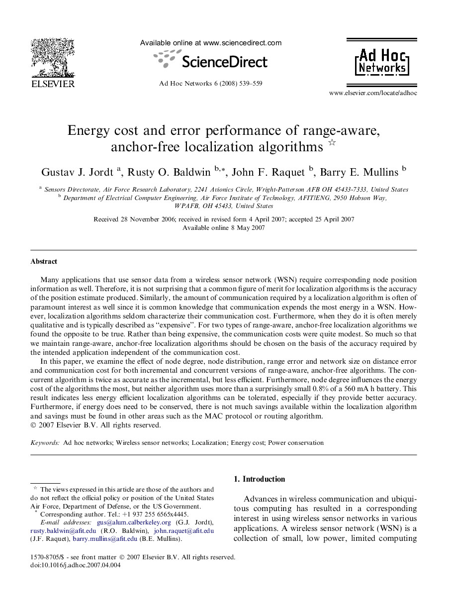 Energy cost and error performance of range-aware, anchor-free localization algorithms 