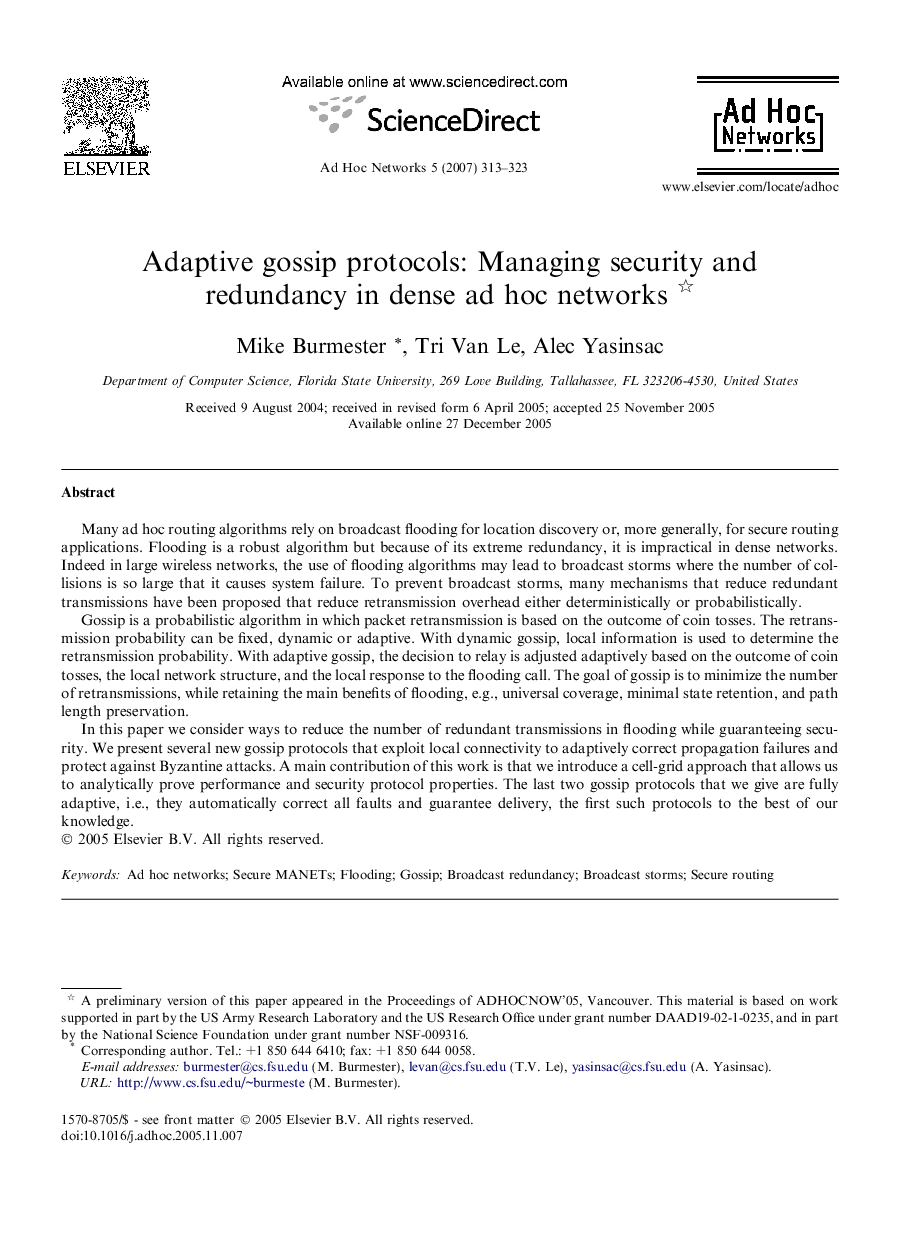 Adaptive gossip protocols: Managing security and redundancy in dense ad hoc networks 