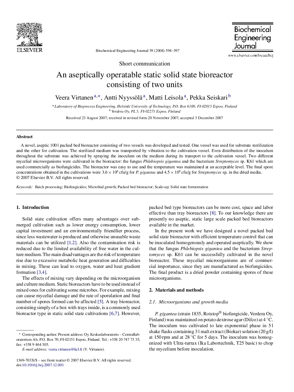 An aseptically operatable static solid state bioreactor consisting of two units