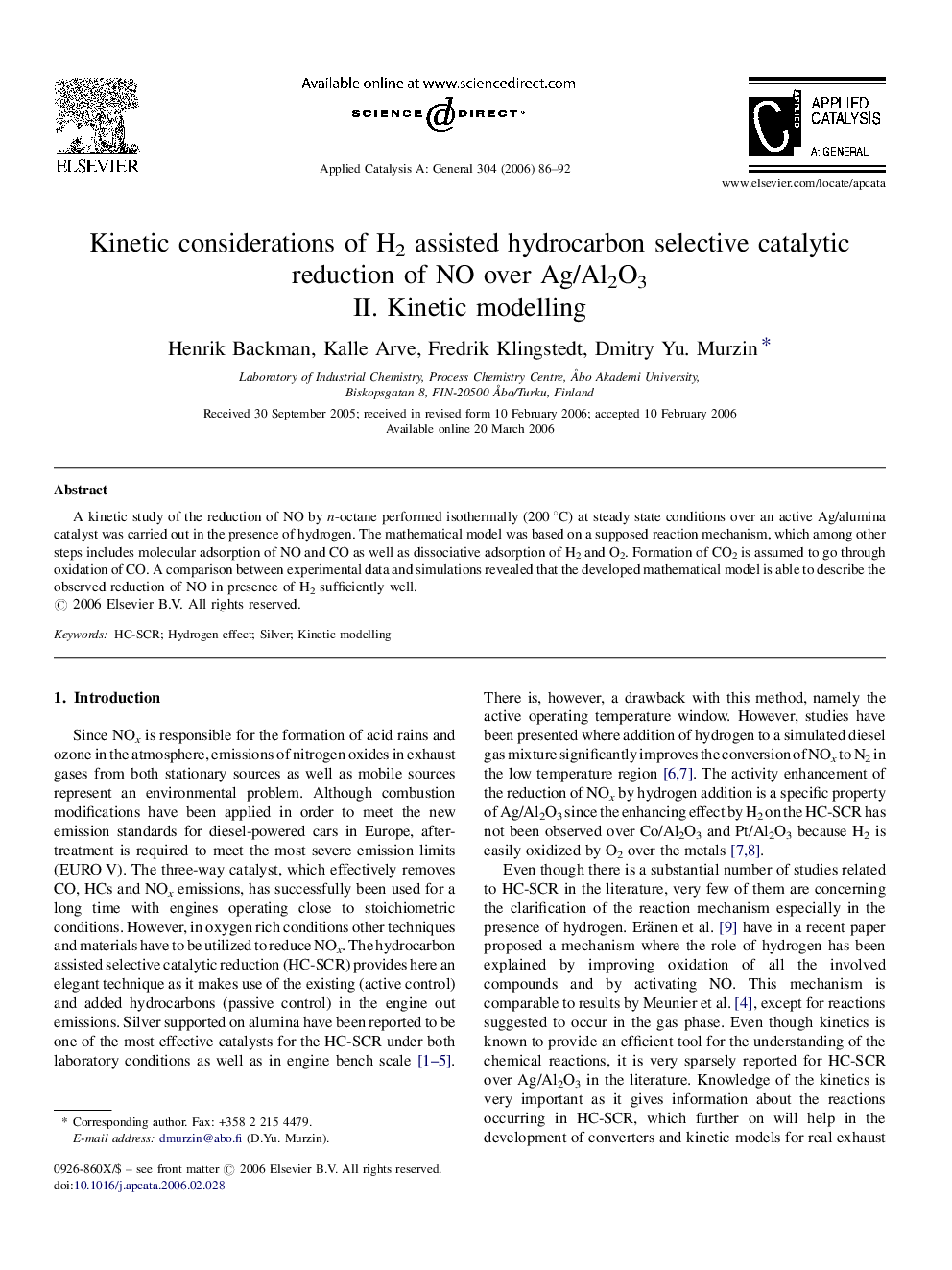 Kinetic considerations of H2 assisted hydrocarbon selective catalytic reduction of NO over Ag/Al2O3: II. Kinetic modelling