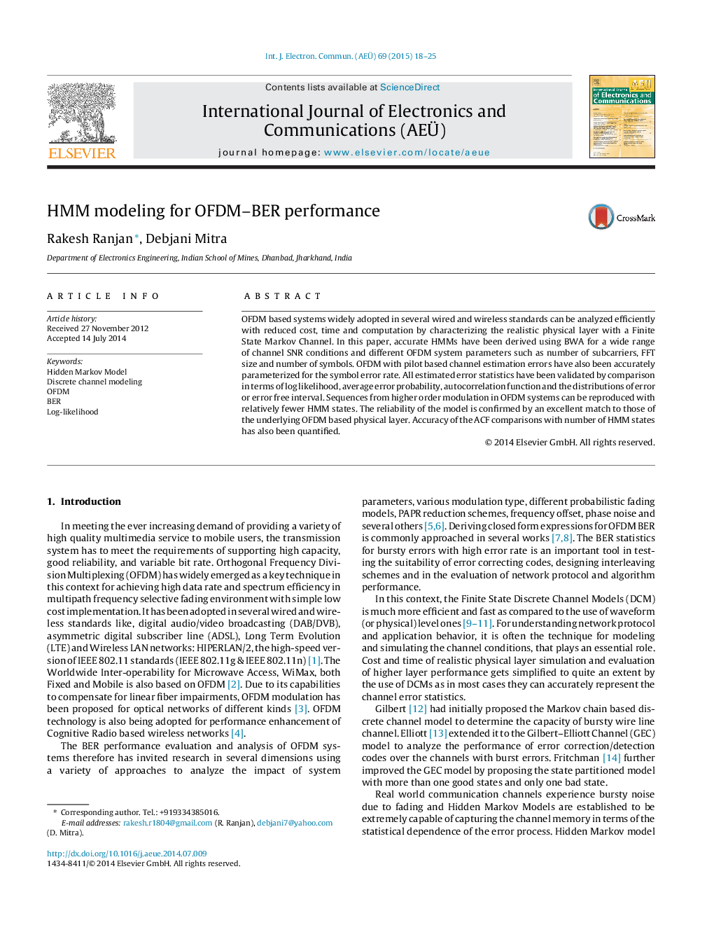 HMM modeling for OFDM–BER performance