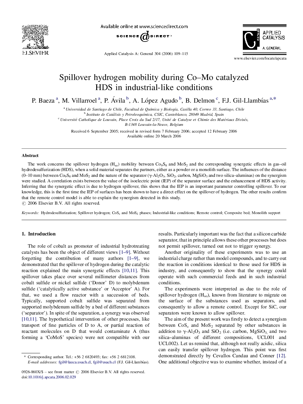 Spillover hydrogen mobility during Co–Mo catalyzed HDS in industrial-like conditions