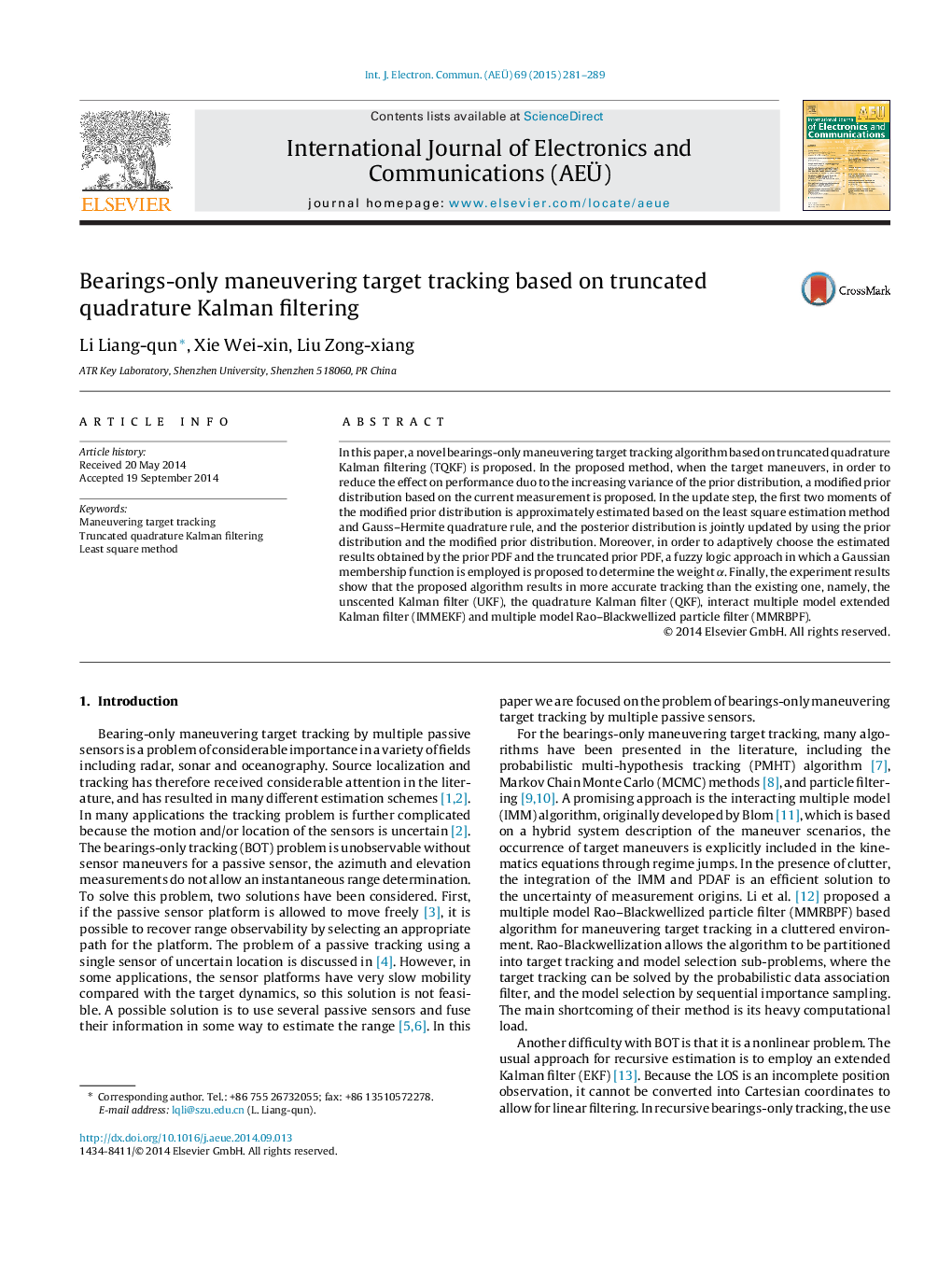 Bearings-only maneuvering target tracking based on truncated quadrature Kalman filtering