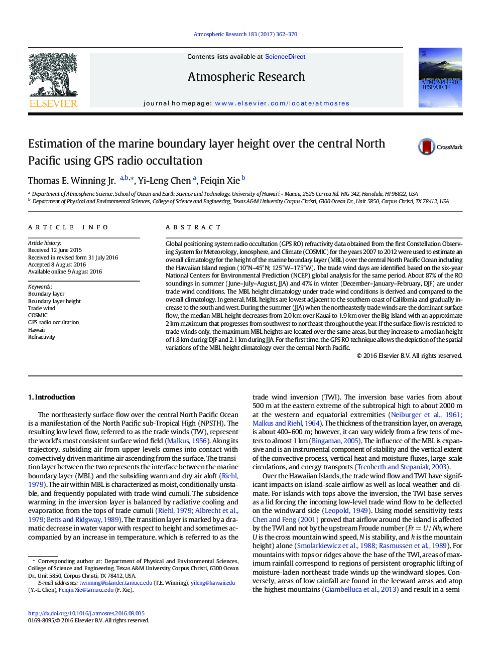 Estimation of the marine boundary layer height over the central North Pacific using GPS radio occultation