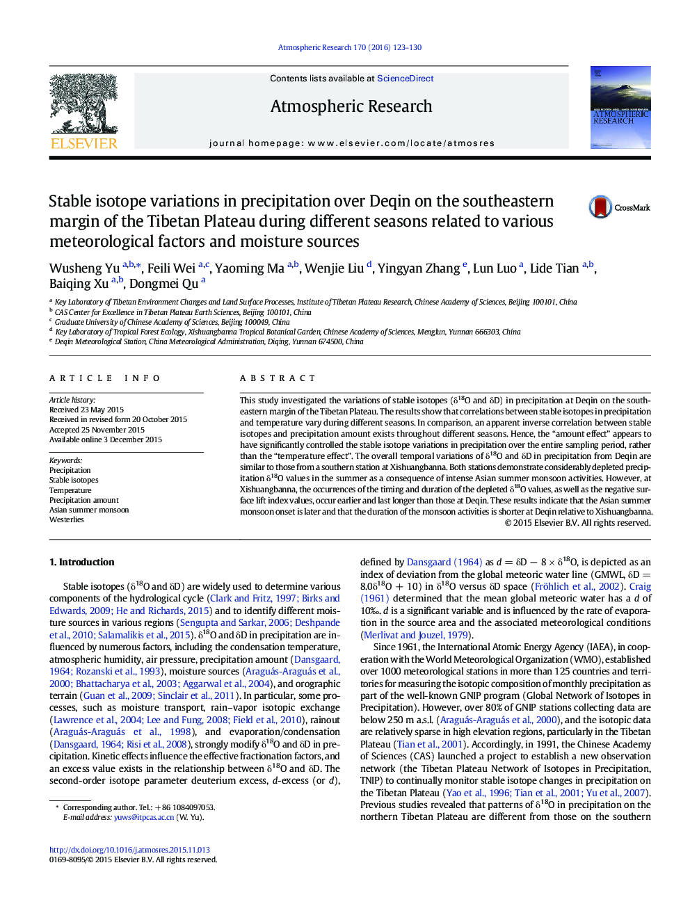 Stable isotope variations in precipitation over Deqin on the southeastern margin of the Tibetan Plateau during different seasons related to various meteorological factors and moisture sources