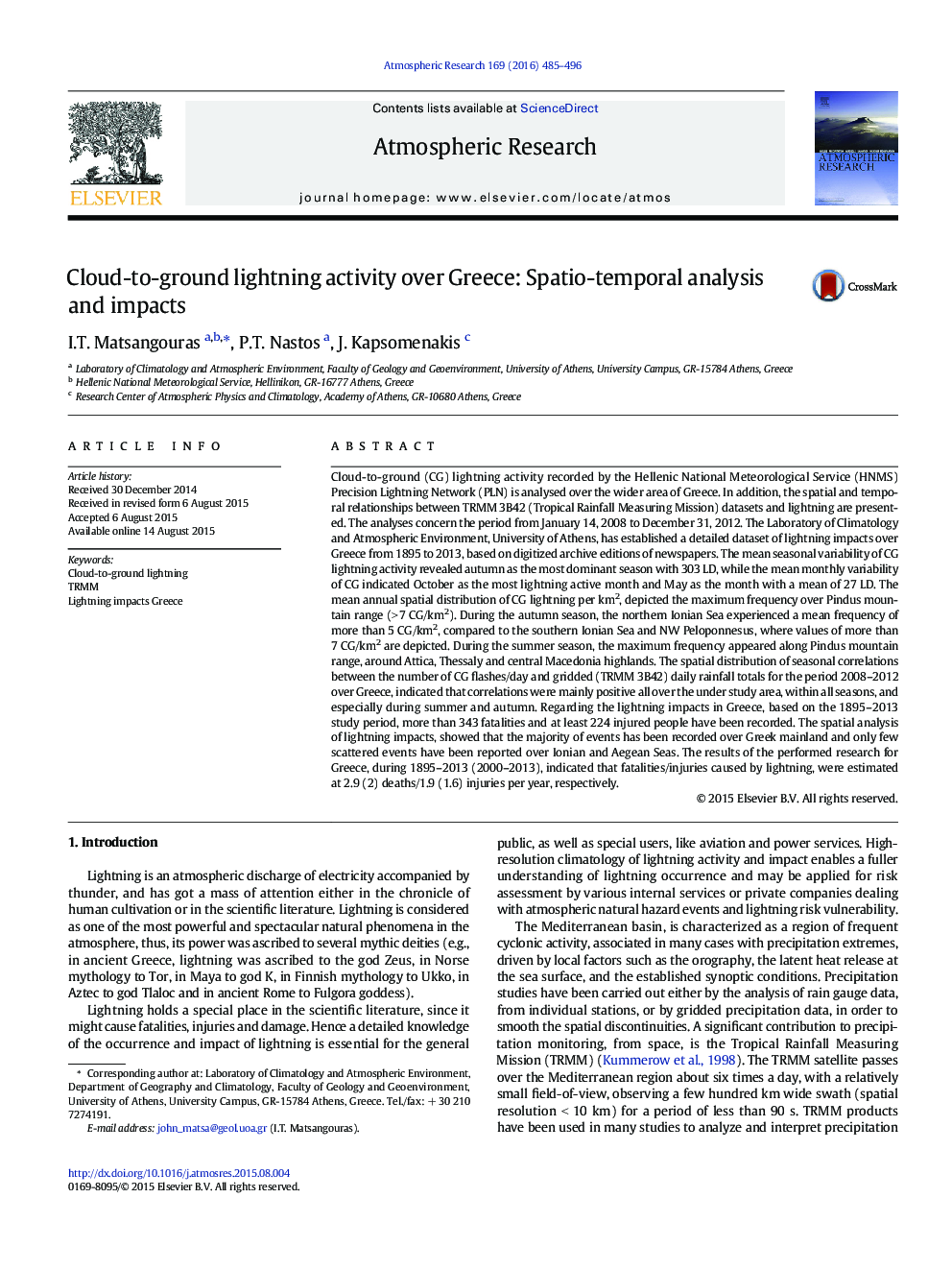 Cloud-to-ground lightning activity over Greece: Spatio-temporal analysis and impacts