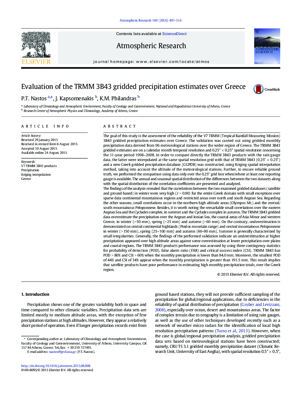 Evaluation of the TRMM 3B43 gridded precipitation estimates over Greece