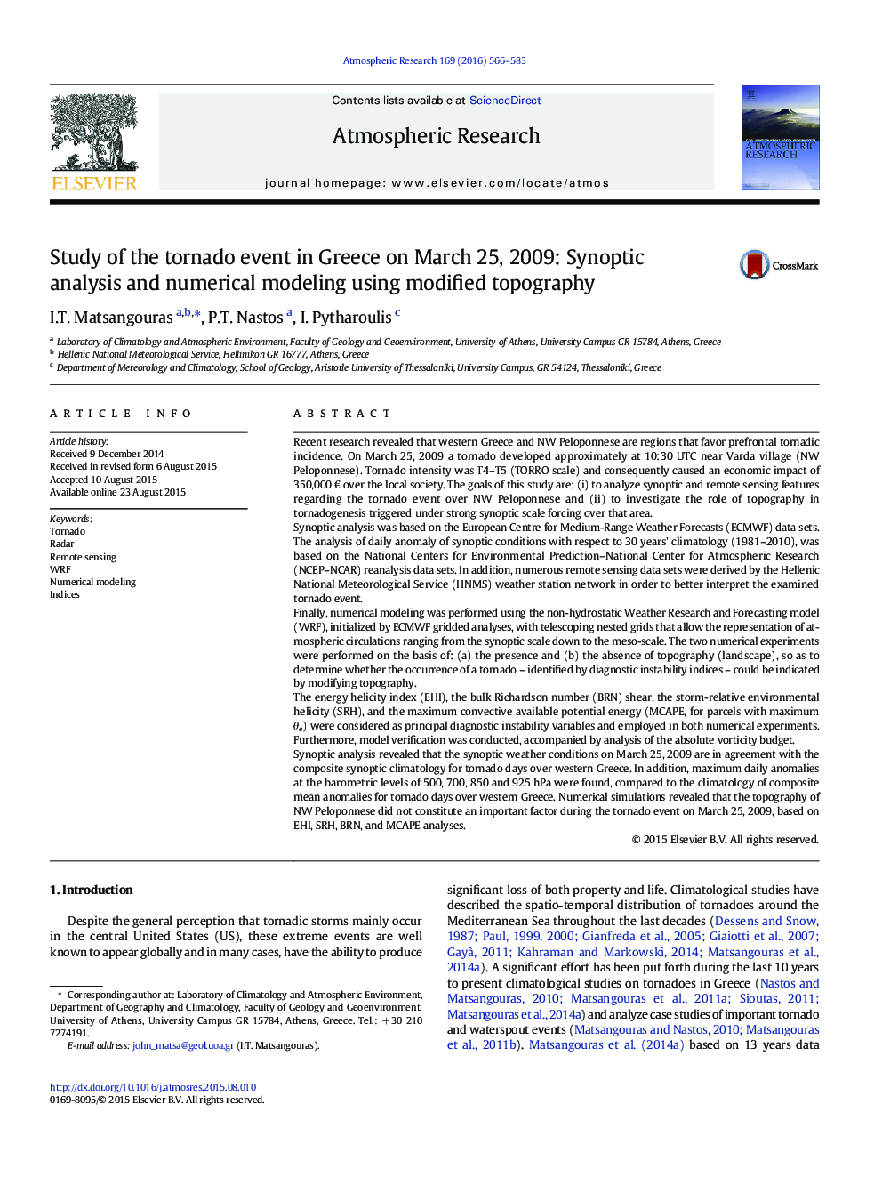 مطالعه رویداد گردباد در یونان در 25 مارس 2009: تجزیه و تحلیل سینوپتیک و مدلسازی عددی با استفاده از توپوگرافی اصلاح شده 
