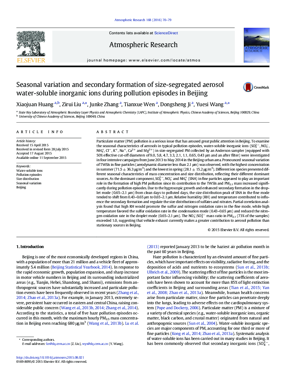 Seasonal variation and secondary formation of size-segregated aerosol water-soluble inorganic ions during pollution episodes in Beijing