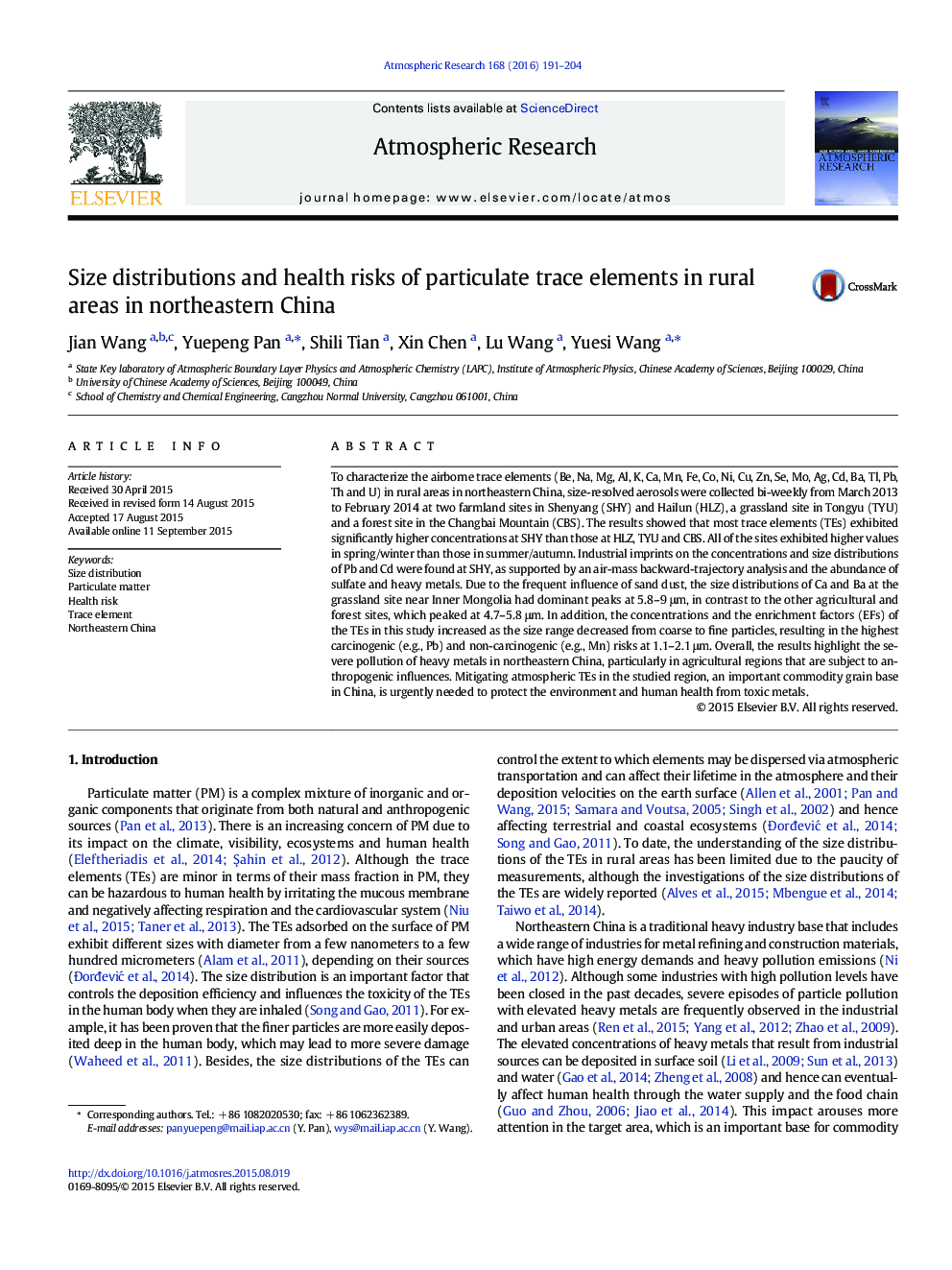 Size distributions and health risks of particulate trace elements in rural areas in northeastern China