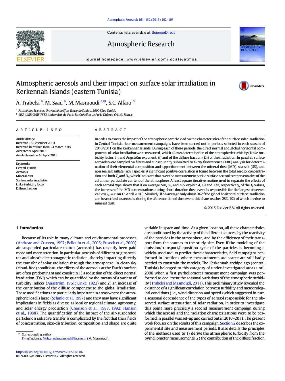 Atmospheric aerosols and their impact on surface solar irradiation in Kerkennah Islands (eastern Tunisia)