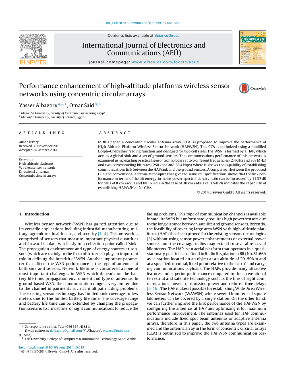 Performance enhancement of high-altitude platforms wireless sensor networks using concentric circular arrays