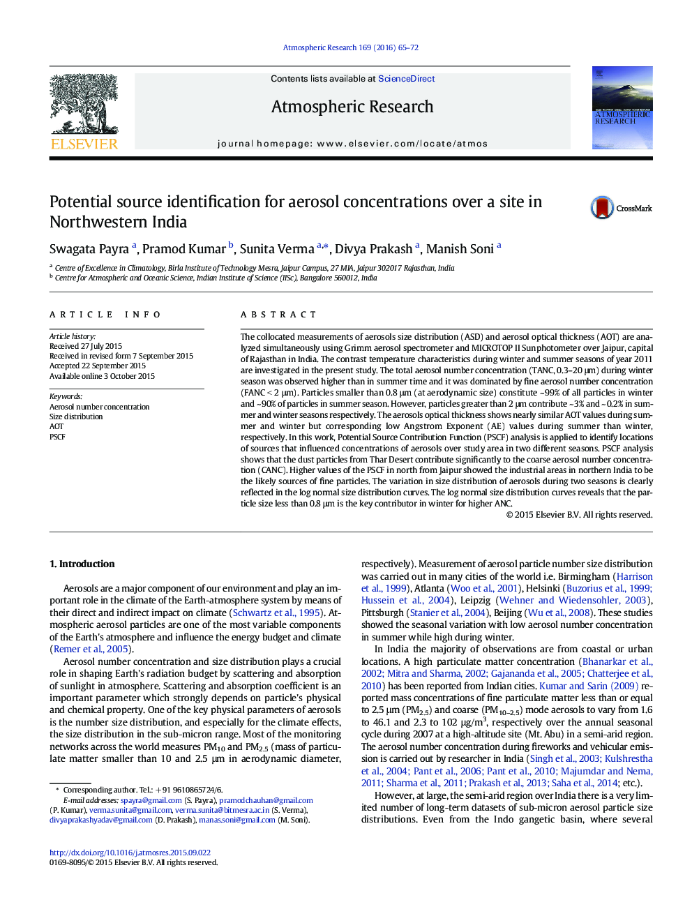 Potential source identification for aerosol concentrations over a site in Northwestern India