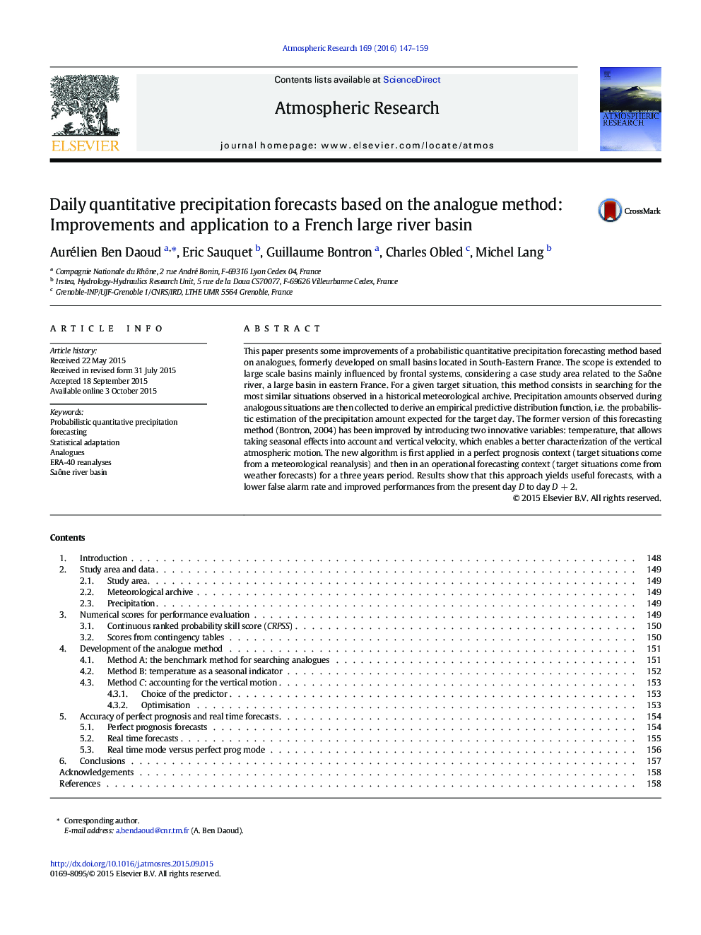 Daily quantitative precipitation forecasts based on the analogue method: Improvements and application to a French large river basin